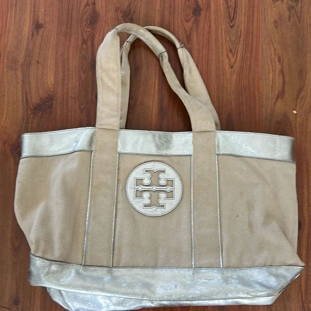 Tory Burch canvas and silver leather large tote bag
